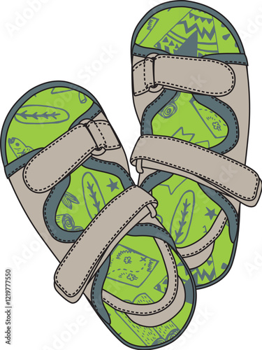 Green Velcro Sandals – Kids Footwear Vector Illustration
