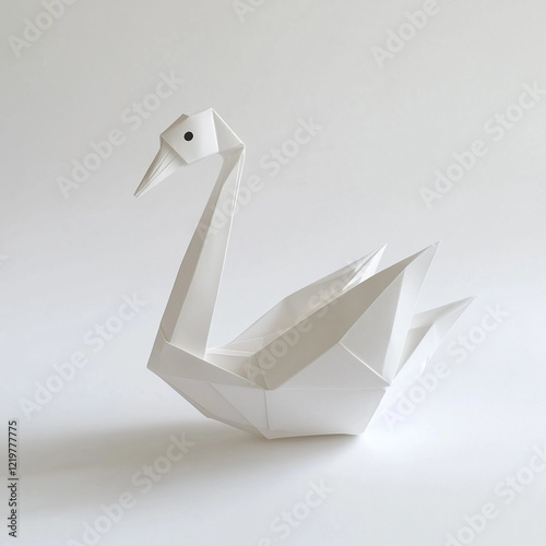 White origami swan with geometric folds on white background photo