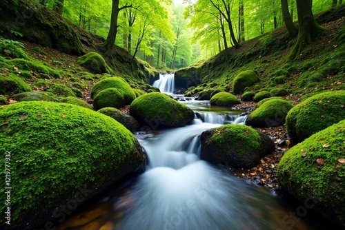 Lush green moss covered rocks at Golitha Falls, woodland, moss, england
