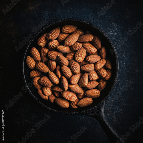 Heaping raw almonds in a cast-iron skillet with a dark moody backdrop, perfect for healthy cooking or snacking