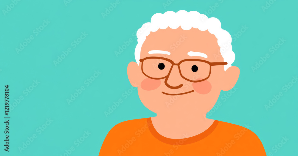 Obraz premium A cartoon-style illustration of an elderly man with glasses and white hair on a teal background. This cheerful and simple design symbolizes wisdom, aging, and positivity in a lighthearted way.