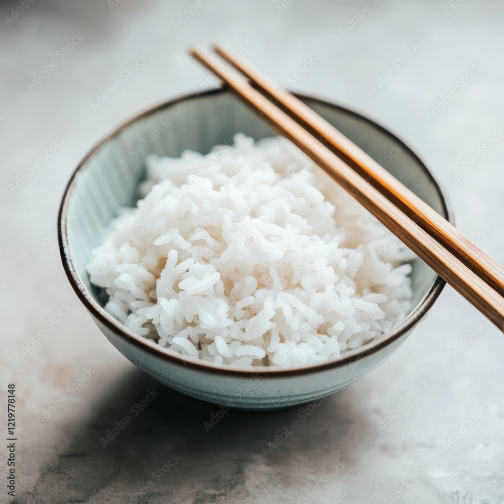 Bowl of cooked rice with chopsticks resting on the edge. Emphasizing the simplicity and everyday aspect of eating rice. Ideal for cultural blogs and food lifestyle articles. Bowl of cooked rice with chopsticks resting on the edge. Emphasizing the simplicity and everyday aspect of eating rice. Ideal for cultural blogs and food lifestyle articles.