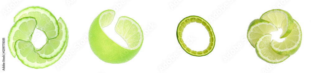 Fresh lime peel loop with vibrant green hues on white background, cut out collection pack Fresh lime peel loop with vibrant green hues on white background, cut out collection pack