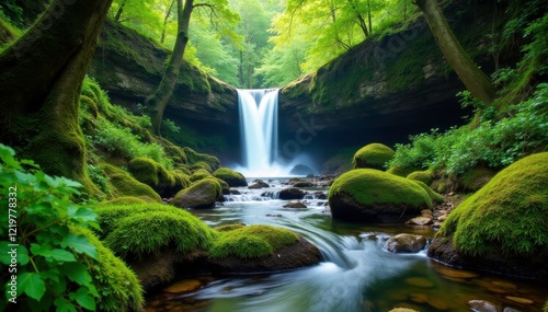 Lush green moss covered rocks at Golitha Falls, woodland, waterfall