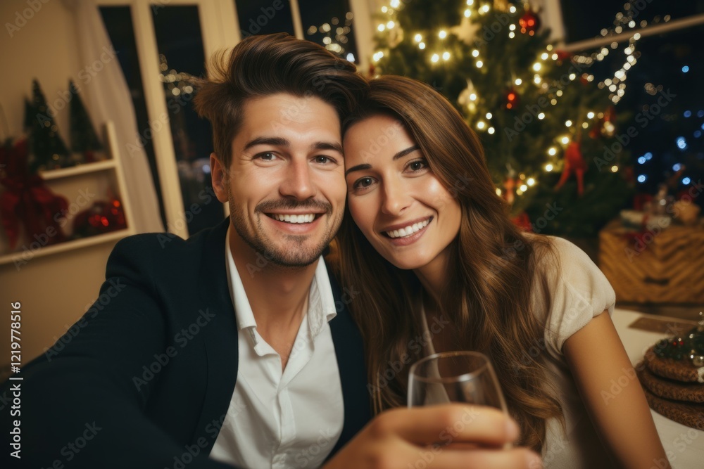Elegant couple smiling and raising a toast with champagne flutes in front of illuminated christmas tree Elegant couple smiling and raising a toast with champagne flutes in front of illuminated christmas tree
