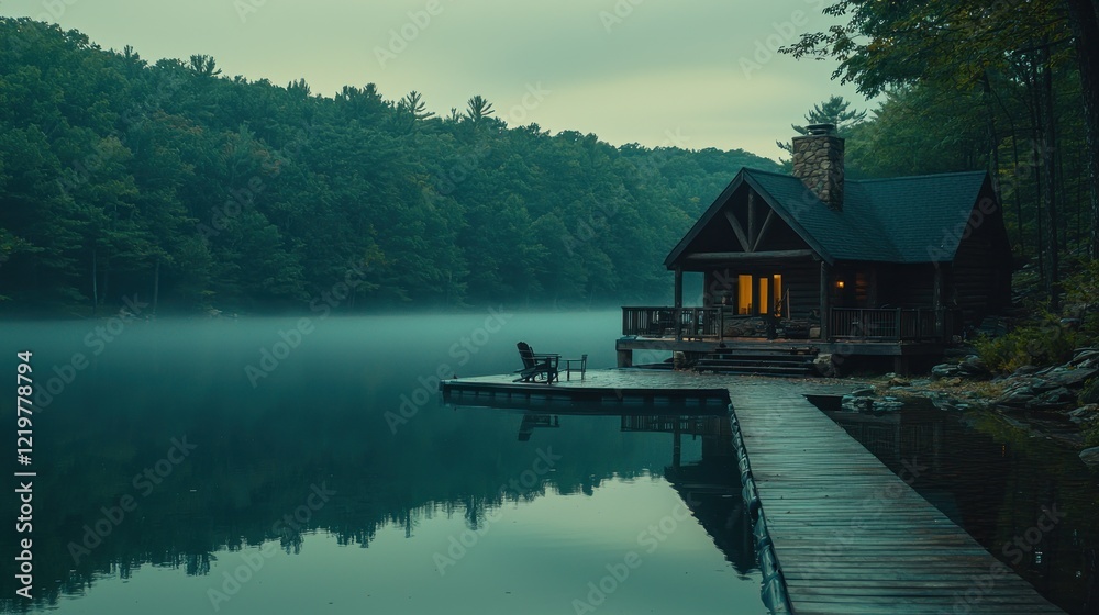 Fototapeta premium Cozy cabin on a misty lake at dawn.