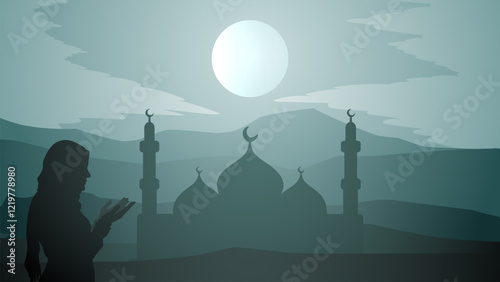 muslim woman pray or worship in desert night with mosque and full moon background, arabia desert landscape night view, silhouette vector illustration, Islam or Ramadan concept