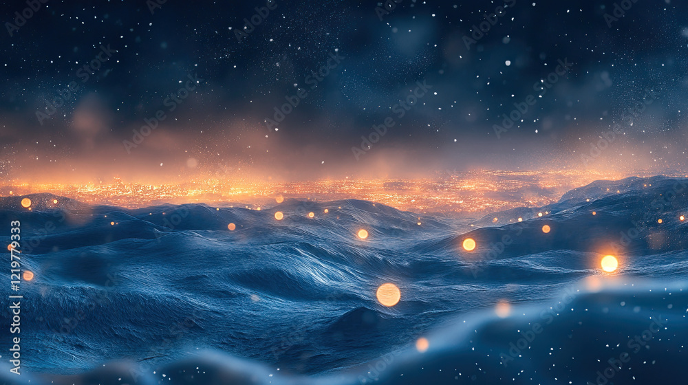 Fototapeta premium Tranquil Ocean Waves with Glowing Lights Under Starry Night Sky