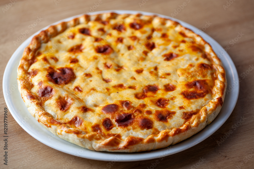 Golden-brown traditional Russian cheese pie served on a white plate, showcasing rich texture and color Golden-brown traditional Russian cheese pie served on a white plate, showcasing rich texture and color