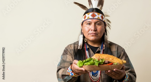 Man wearing a headdress and holding a plate of food photo