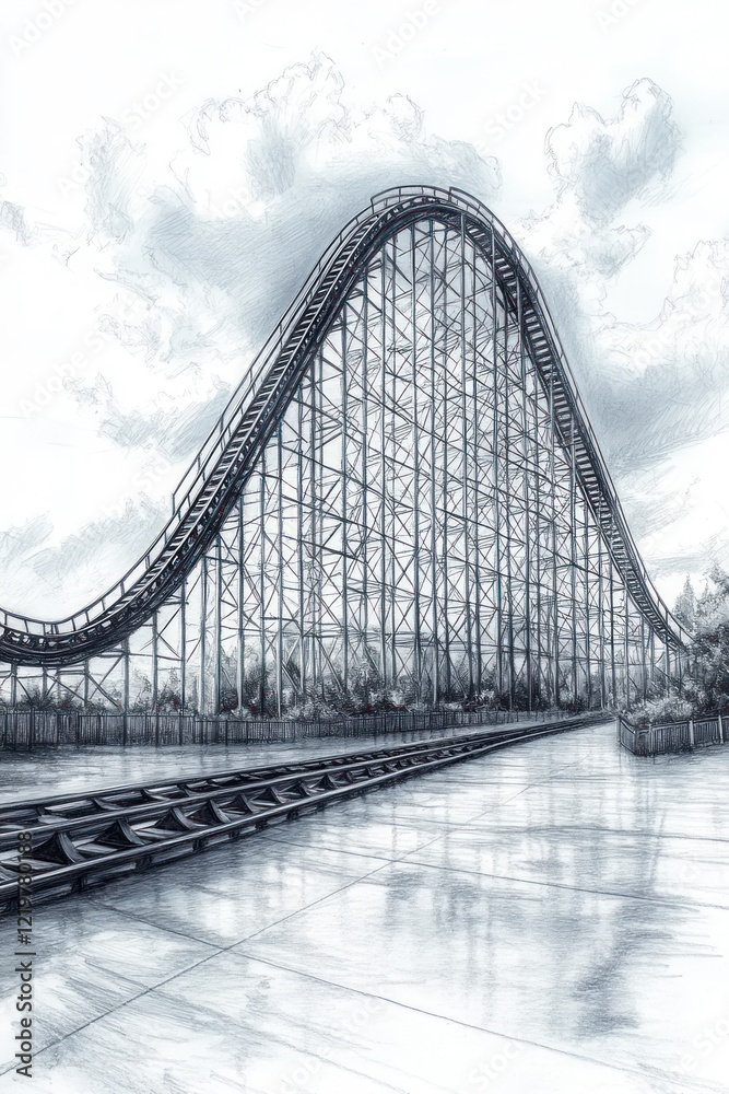 Fototapeta premium Rollercoaster sketch, cloudy sky, tracks, empty.