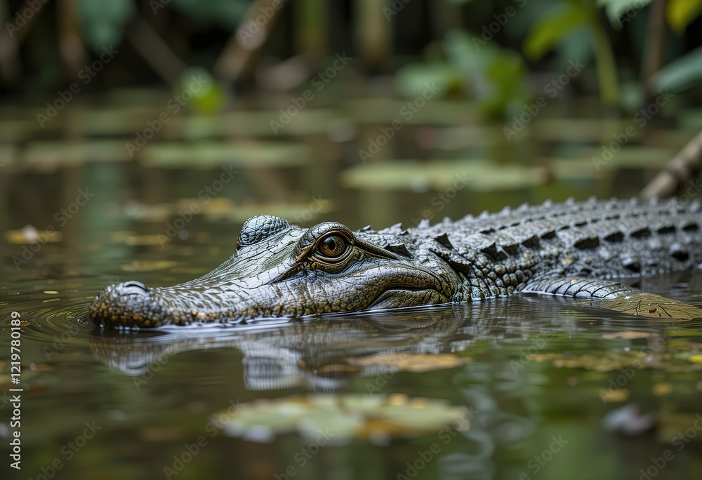 A close-up view of an alligator's head and part of its body partially submerged in a swampy body of water. A close-up view of an alligator's head and part of its body partially submerged in a swampy body of water.