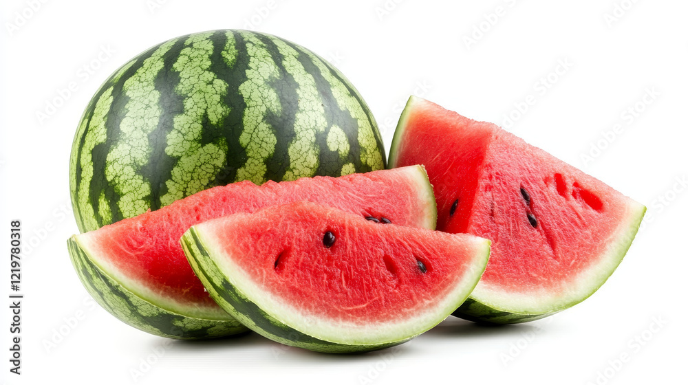 Fresh Watermelon with Juicy Red Slices on White Background Fresh Watermelon with Juicy Red Slices on White Background