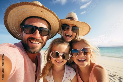 Fototapeta Naklejka Na Ścianę i Meble -  Smiling family wearing sunglasses and straw hats taking selfie on beach