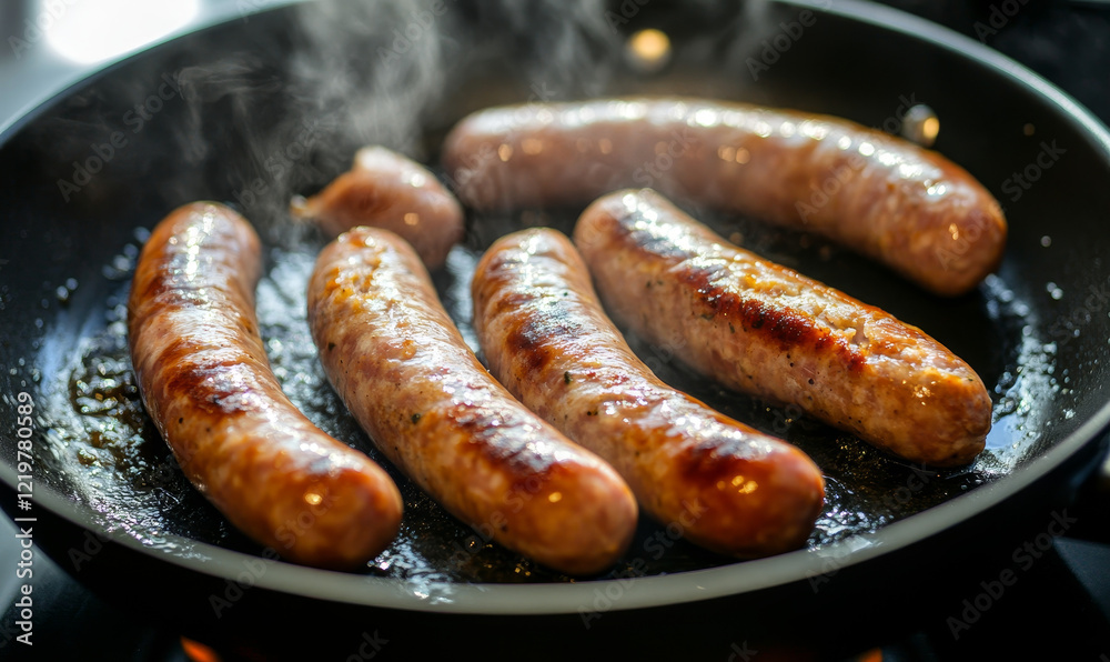 Sizzling sausages in a frying pan with golden-brown crust and steam rising, English breakfast Sizzling sausages in a frying pan with golden-brown crust and steam rising, English breakfast