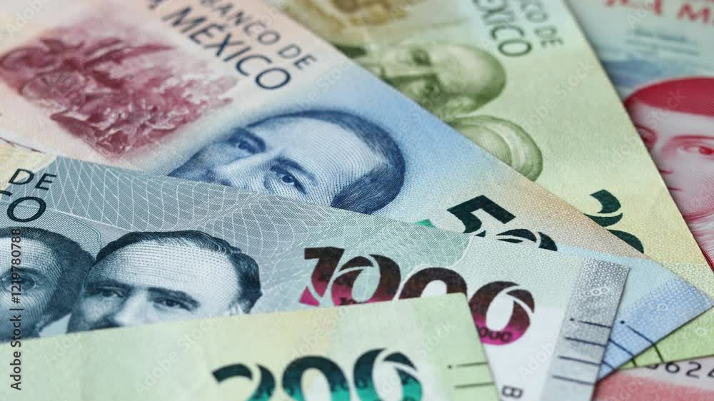 Mexican money turnover, batch of different peso banknotes. Concept of financial success, lottery or big win.