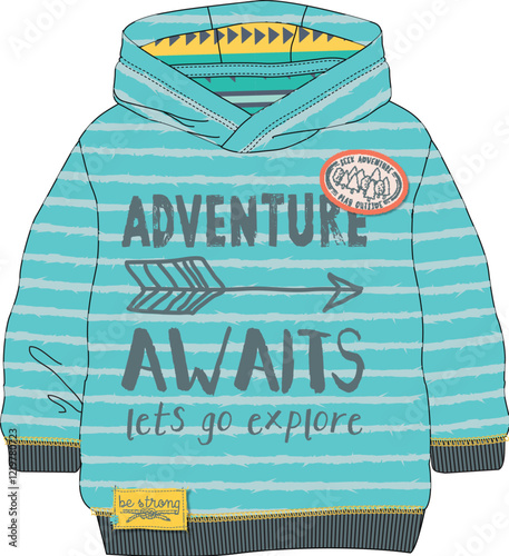 Striped hoodie with adventure typography for kids in turquoise color scheme
