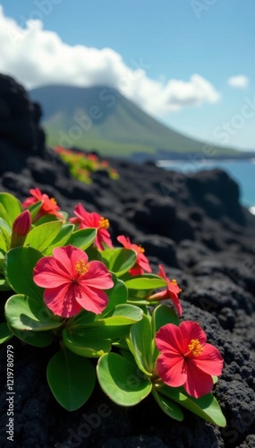 Lush green Ohia Lehua flowers blooming on lava rock, flowers, volcano