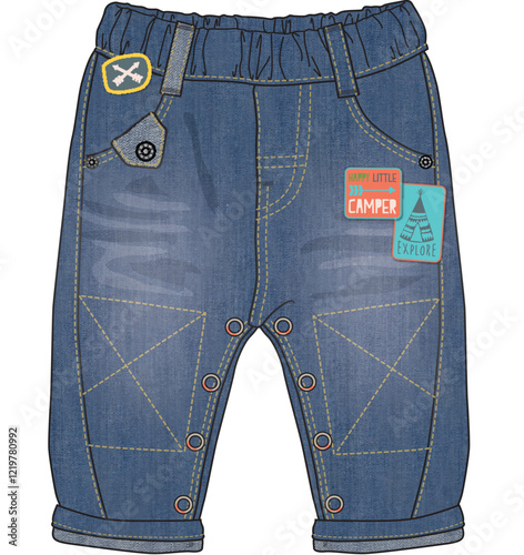 Denim baby pants with travel badges and elastic waistband design
