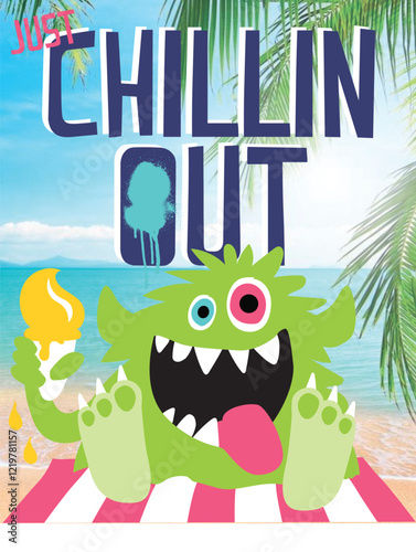 Green monster with pink eye patch chillin out on tropical beach
