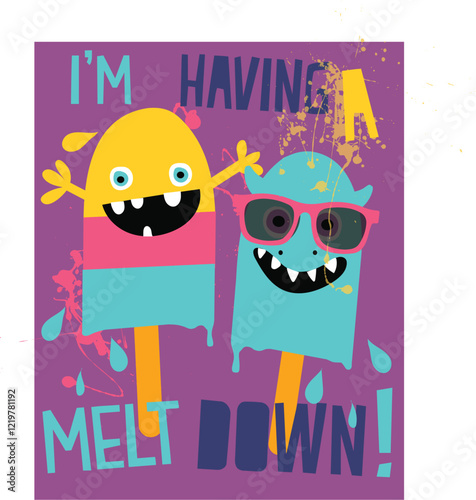 Two colorful monsters in sunglasses having a meltdown with playful expression
