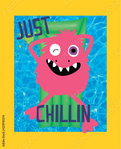 Pink cartoon monster winking and smiling with just chillin text on blue background
