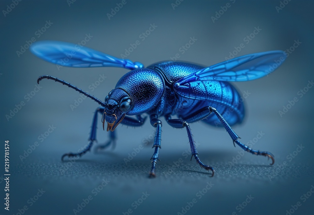 A detailed close-up image showcases a brilliantly blue beetle, its translucent wings and intricate details sharply in focus against a blurred background. A detailed close-up image showcases a brilliantly blue beetle, its translucent wings and intricate details sharply in focus against a blurred background.