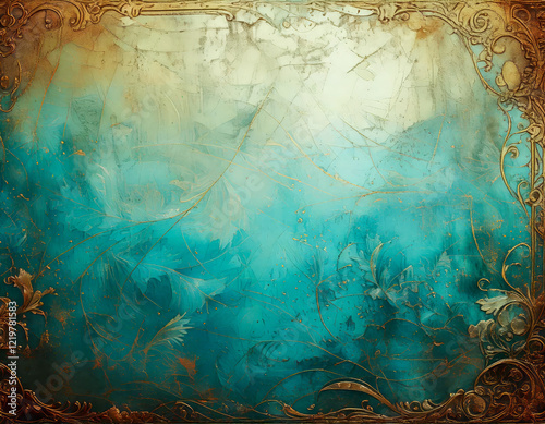 Wallpaper Mural Elegant Gold-Edged Design with Victorian Scrolls and Turquoise Gradient Centerpiece Torontodigital.ca