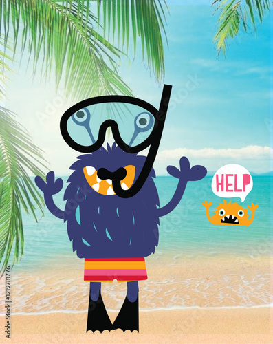 Furry blue monster wearing snorkel mask on tropical beach with fish

