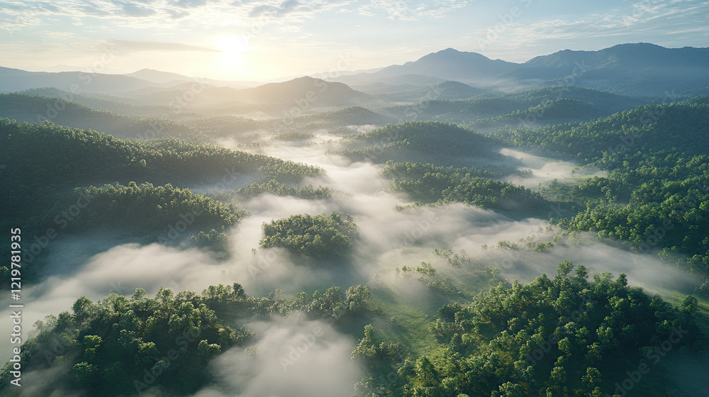 Serene Morning Landscape with Mist and Lush Green Hills Serene Morning Landscape with Mist and Lush Green Hills