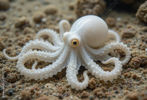 A close-up view of a small, white albino octopus on a sandy seabed. photo