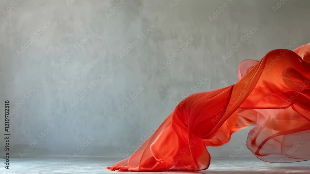Flying red silk textile flag flag background. Smooth, elegant red satin sways graceful waves folds. isolated white background. Red curtain.