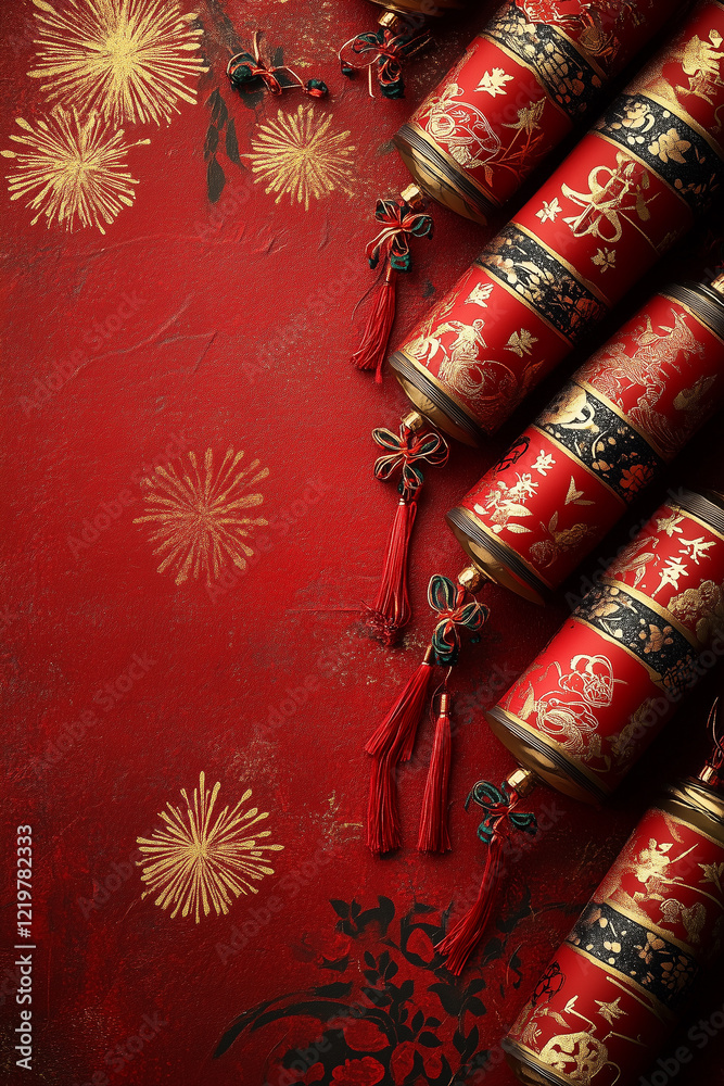 Fototapeta premium Decorative Chinese firecrackers on a red background for lunar new year
