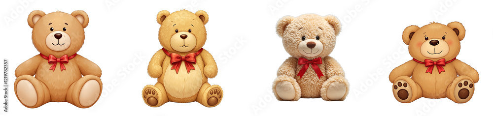 Obraz premium Cute teddy bear with red bow symbolizing comfort and childhood, cut out collection pack