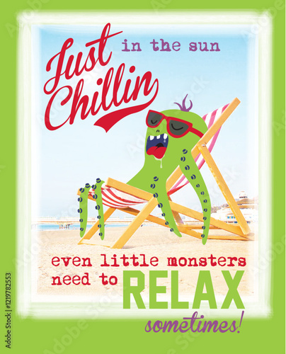 Relaxing cartoon monster chilling in the sun with lemonade on beach chair

