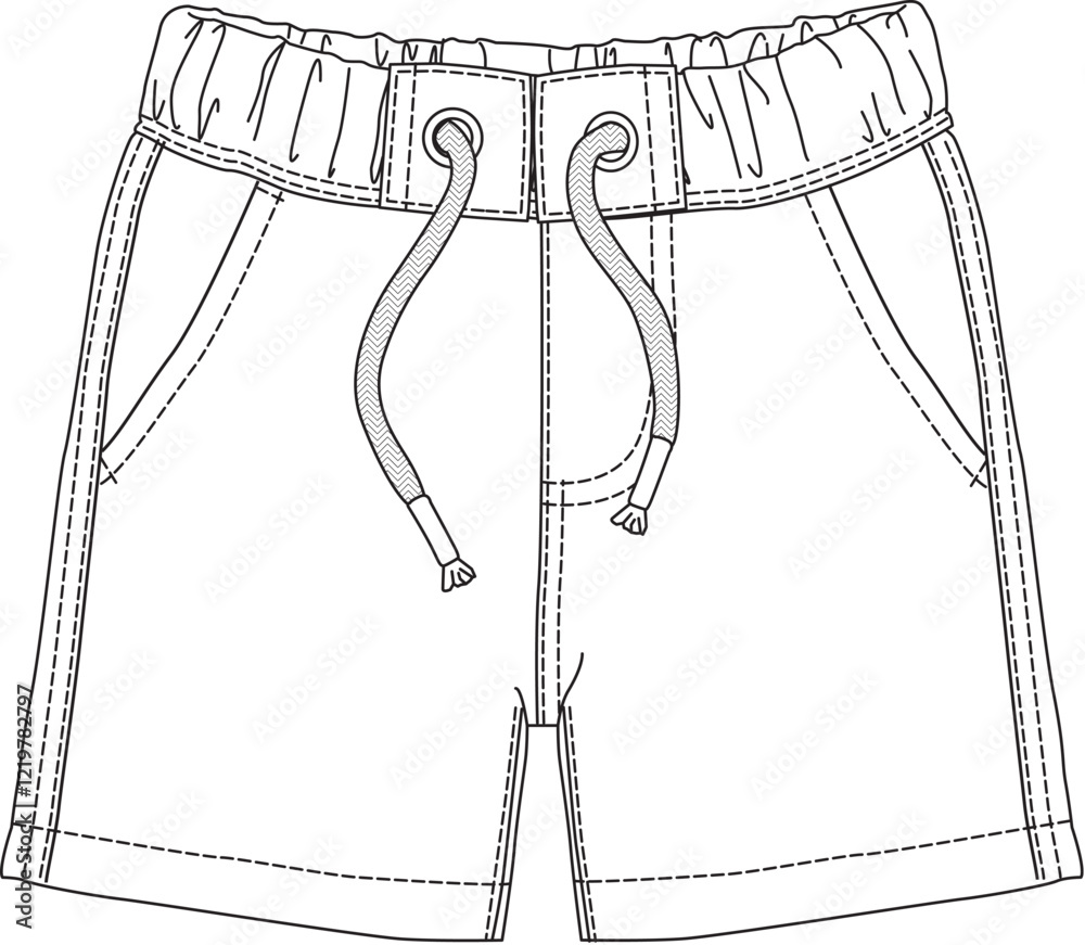 Detailed front view sketch of kids drawstring shorts with visible seam stitching
