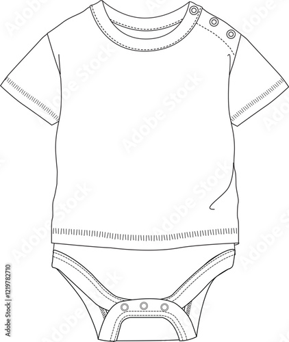 Outline drawing of baby short sleeve bodysuit with snap closures and stretch fabric fit
