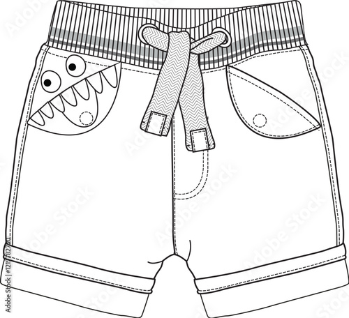 Lineart of kids shorts with monster face pocket design and drawstring waistband
