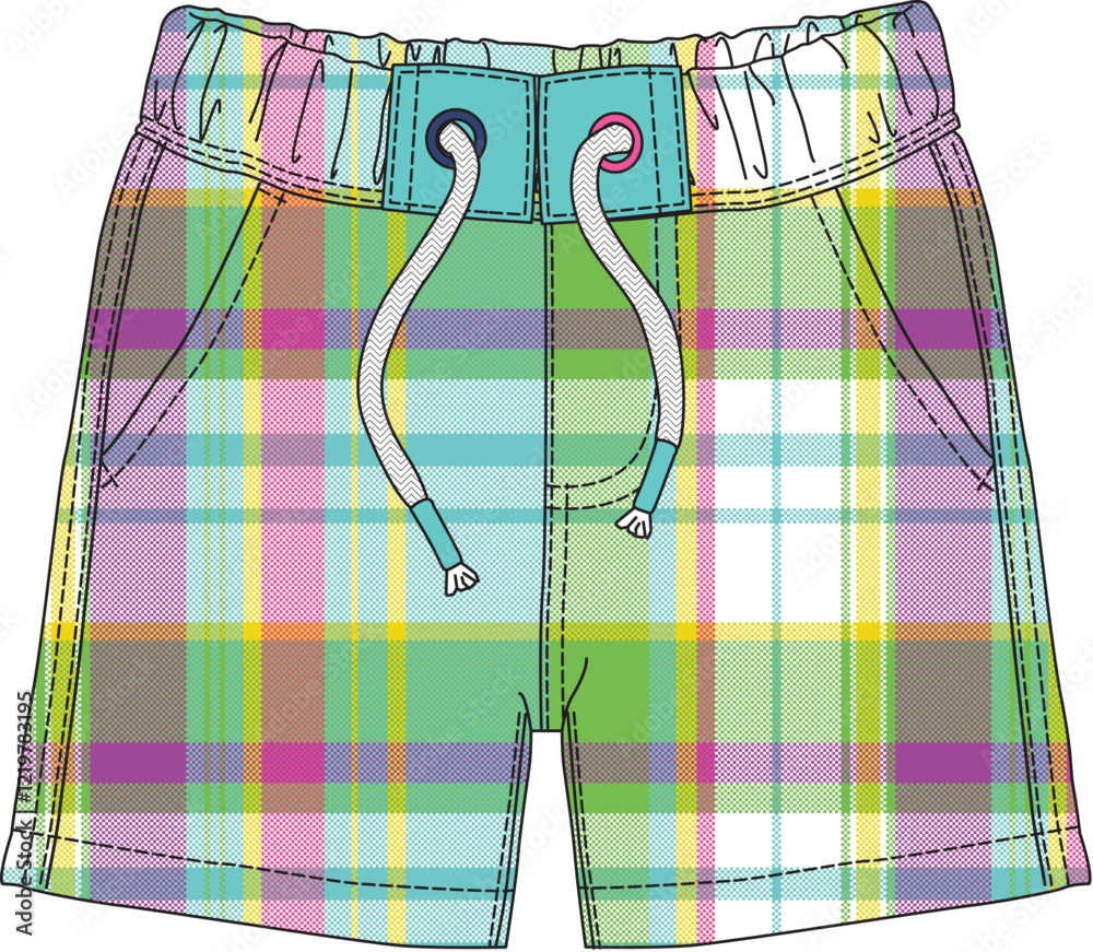 Children’s summer shorts with pastel plaid pattern and drawstring waistband

