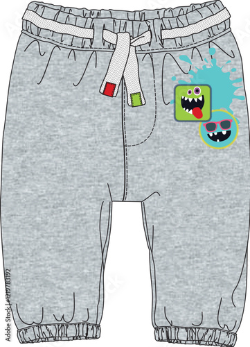 Grey jogger pants for kids with monster patch on the side pocket

