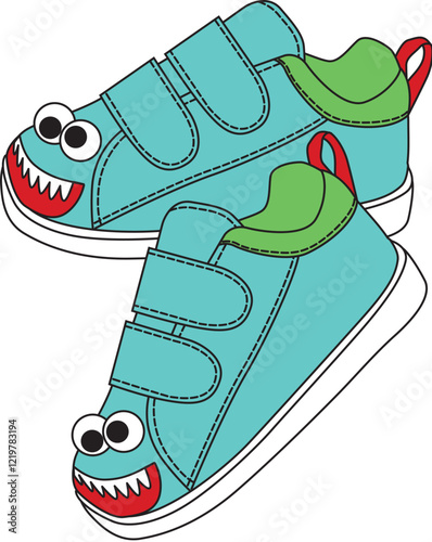 Cute monster face sneakers in green and blue with smiling teeth design
