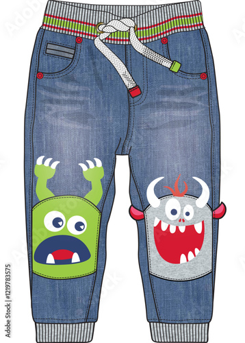 Cute denim jeans with playful monster patches in green and red characters

