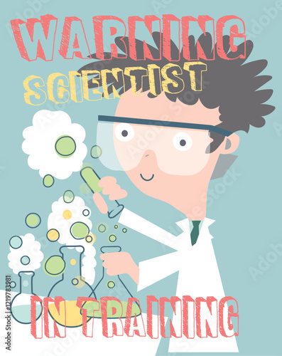 Funny cartoon of walking young scientist with safety goggles and bubbling beaker
