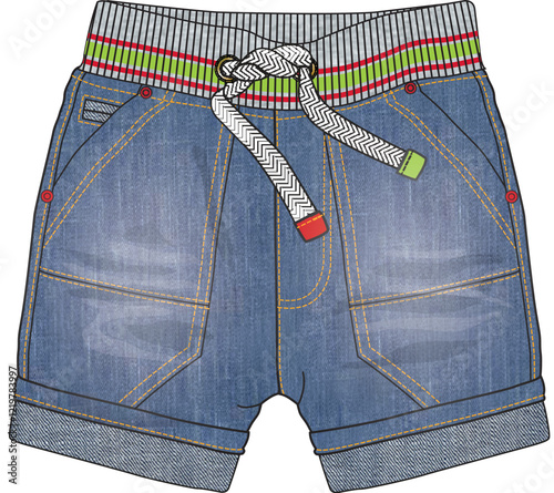 Vector illustration of denim shorts with colorful science-themed waistband and drawstrings
