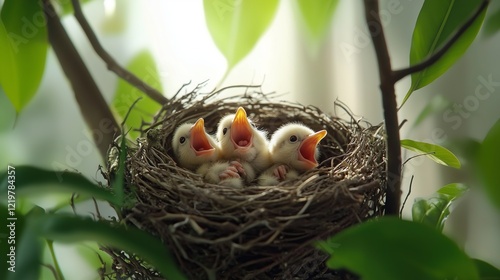 Three baby birds chirping in nest on tree branch photo