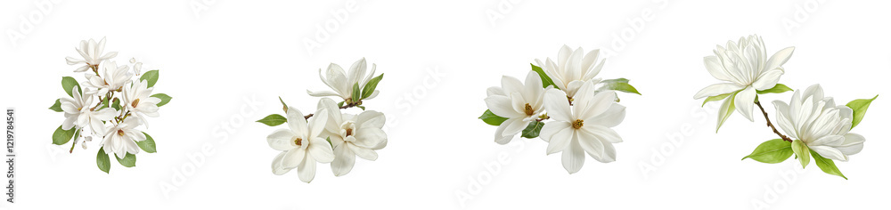 Obraz premium Elegant magnolia branch with silky petals on white backdrop, cut out collection pack