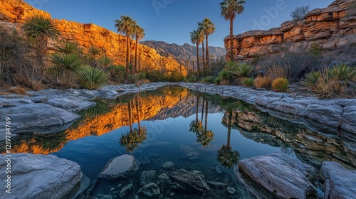 Desert oasis with reflections.