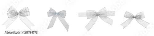 Elegant silver organza ribbon bow on white background, cut out collection pack