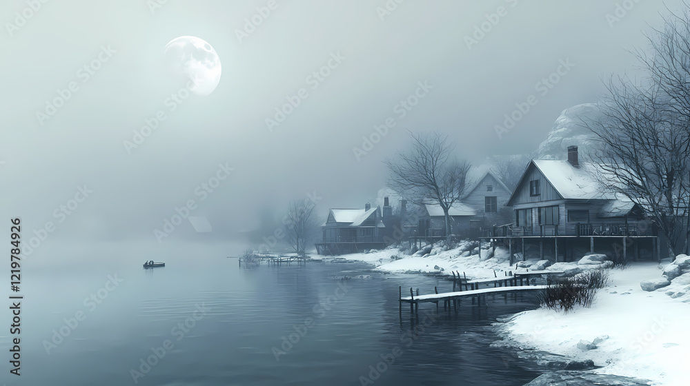 Fototapeta premium Snowy, foggy cove with houses and moon. ideal for illustrating winter, isolation, or mystery themes. Shadow Cove. Illustration
