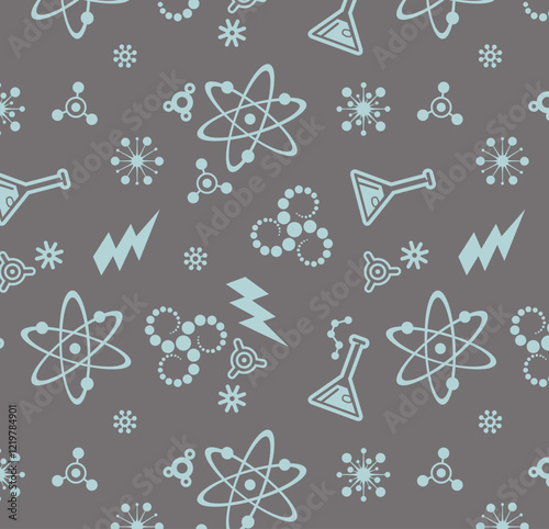 Doodle style seamless background with chemistry icons and atoms

